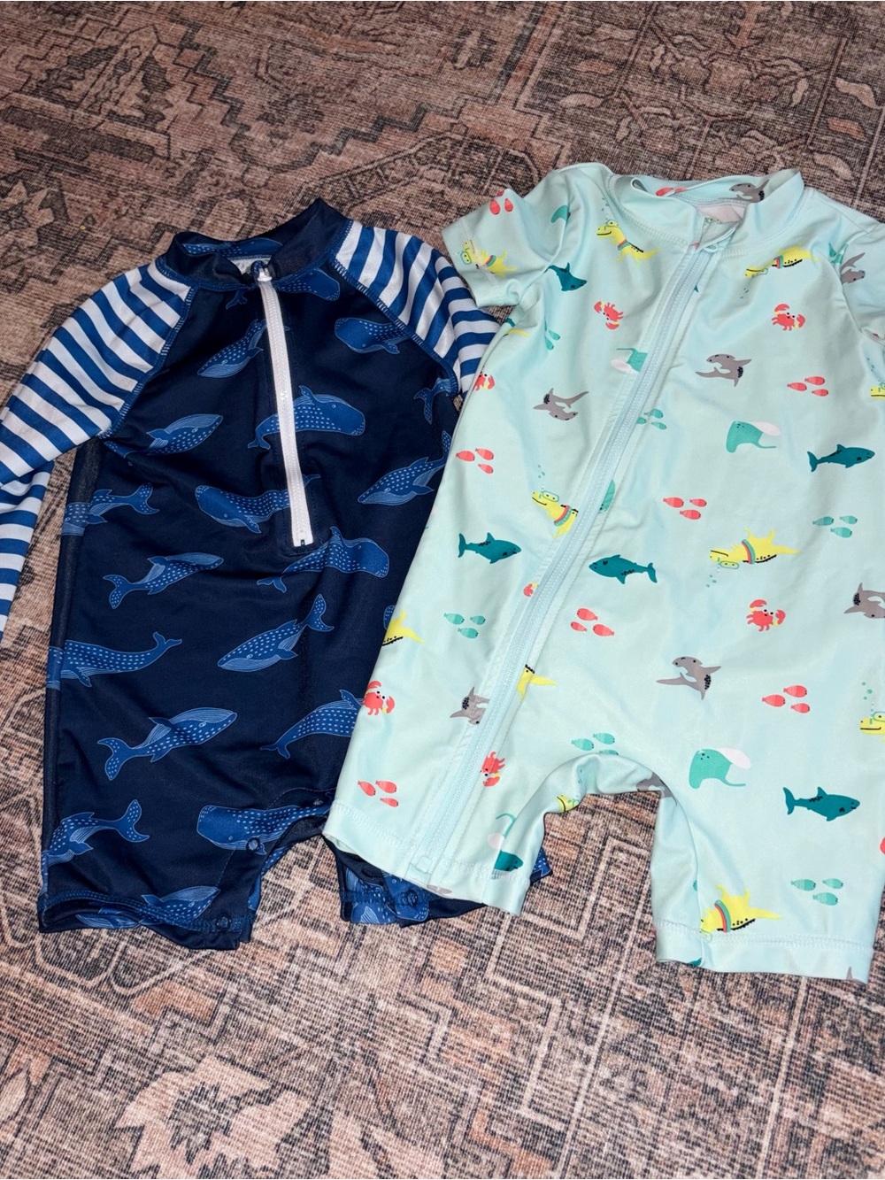 Toddler Two-Pack Rash Guard Swim Suits — Navy Whale & Mint Sea Creatures